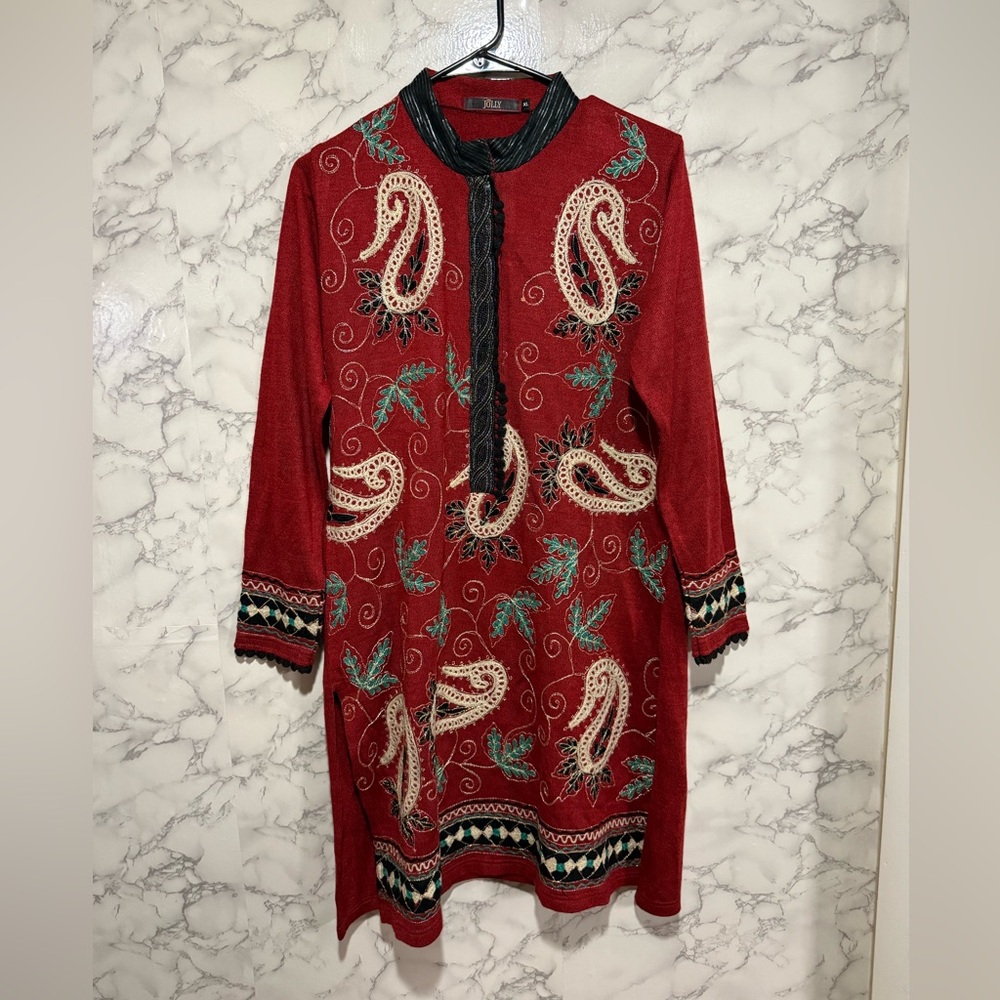 Embroidered Red Paisley Tunic with Contrast Trim